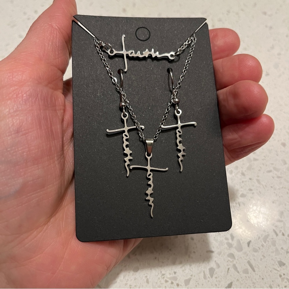 “Faith” cross shaped stainless steel‎ jewelry Set - necklace, earrings, bracelet